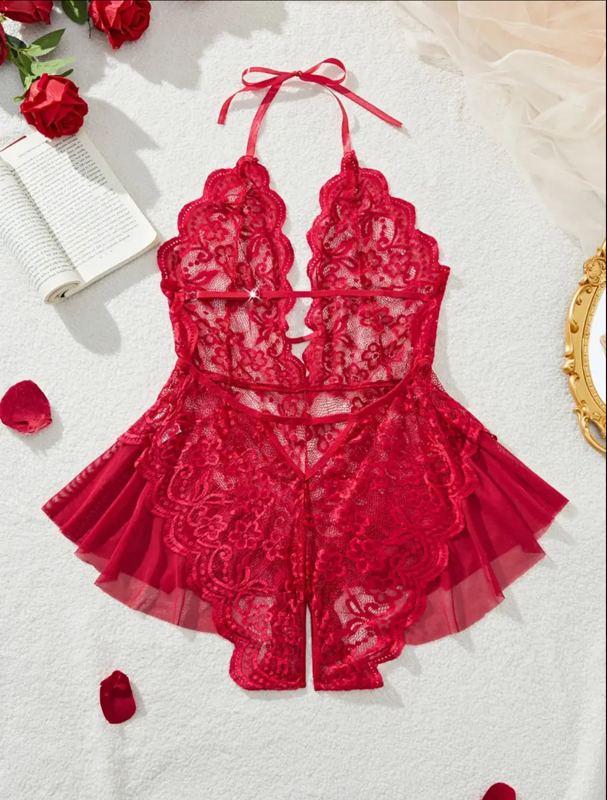 Floral Halter – koronkowy komplet z kokardką