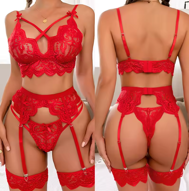 Floral Whisper – trzyczęściowy komplet z koronką i pasem do pończoch